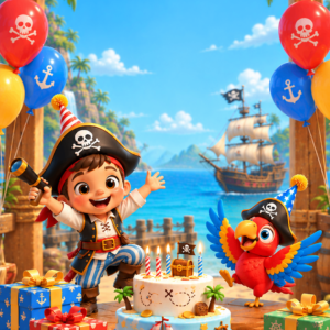 Boy pirate behind a treasure birthday cake with a ship and parrot – pirate theme birthday invitation video