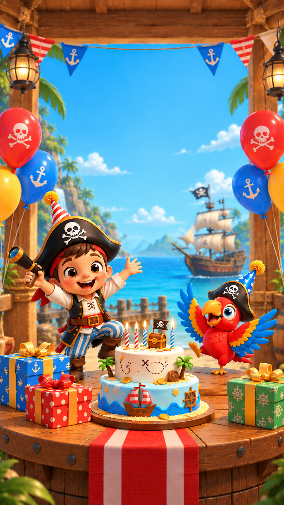 Boy pirate behind a treasure birthday cake with a ship and parrot – pirate theme birthday invitation video
