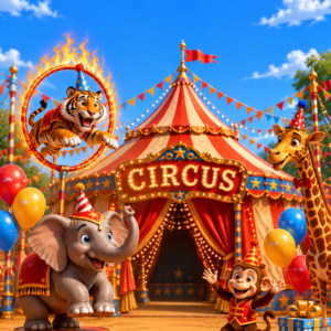 Circus big top tent with an elephant and a monkey on a unicycle – circus theme birthday invitation video
