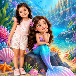 Two girls with a mermaid on rocks under the sea – mermaid theme birthday invitation video
