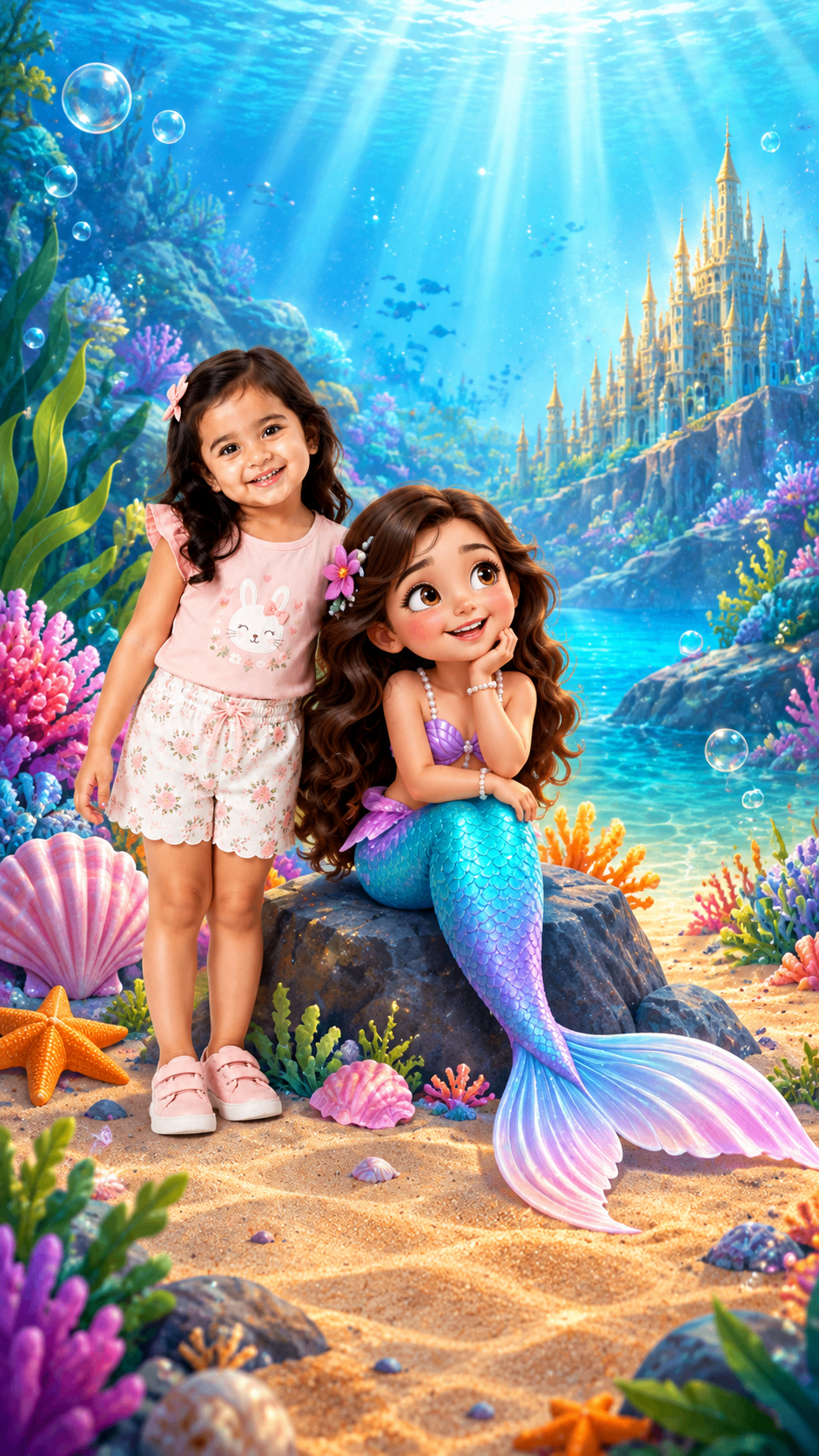 Two girls with a mermaid on rocks under the sea – mermaid theme birthday invitation video
