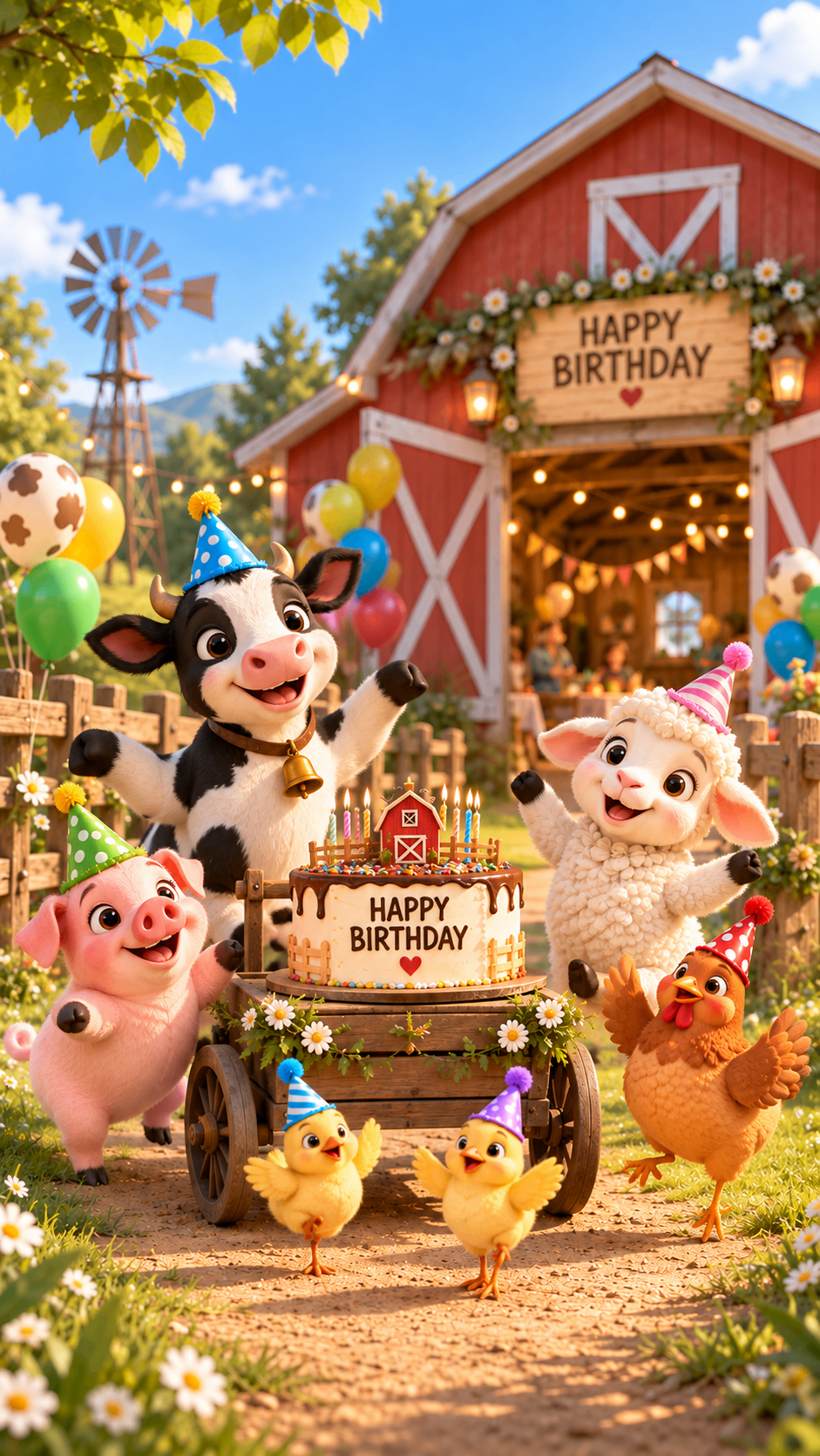 Farm animals celebrating around a birthday cart under fairy lights – barnyard party invitation