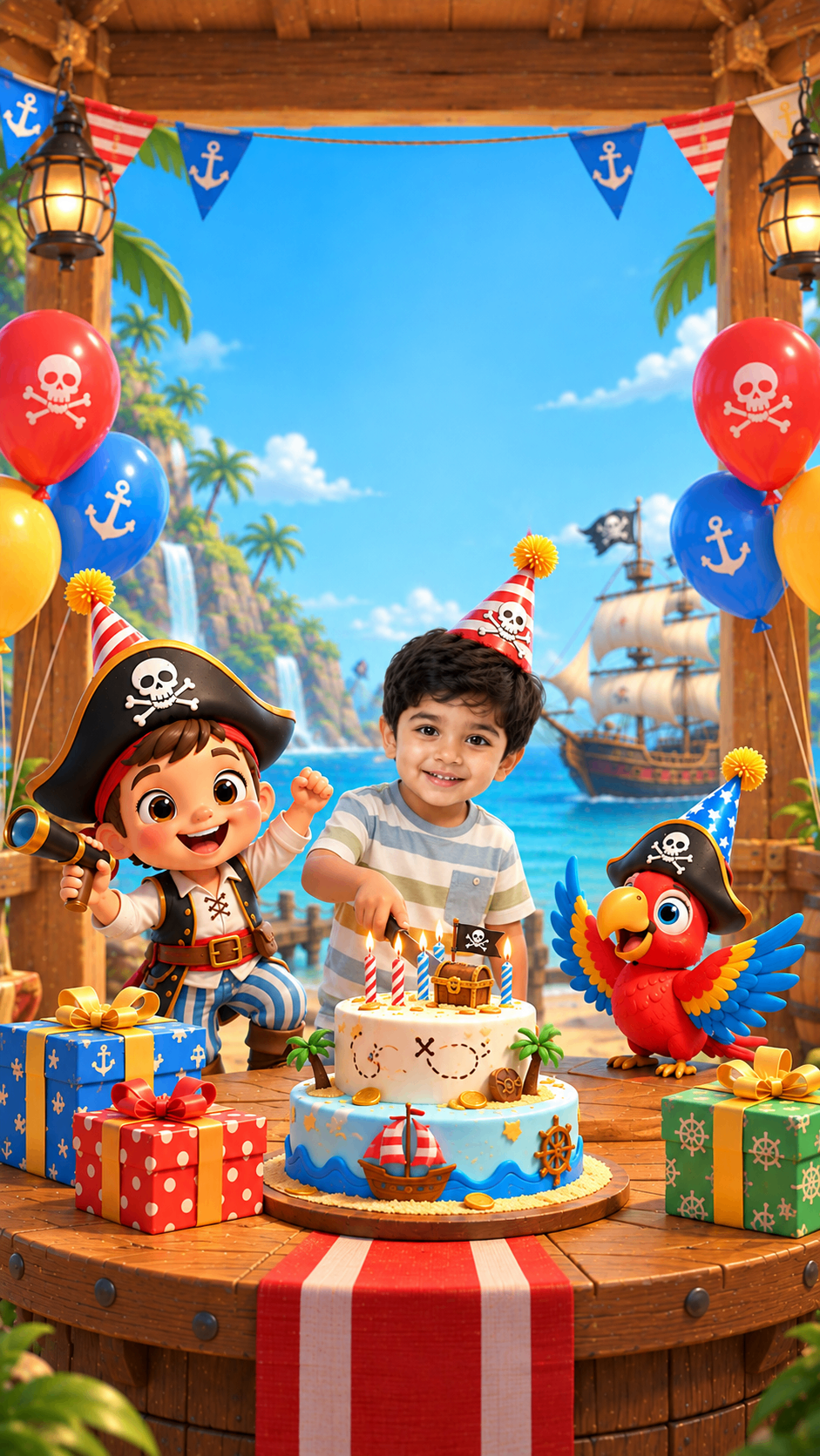 Pirate party table with cake and treasure – kids' pirate birthday invitation