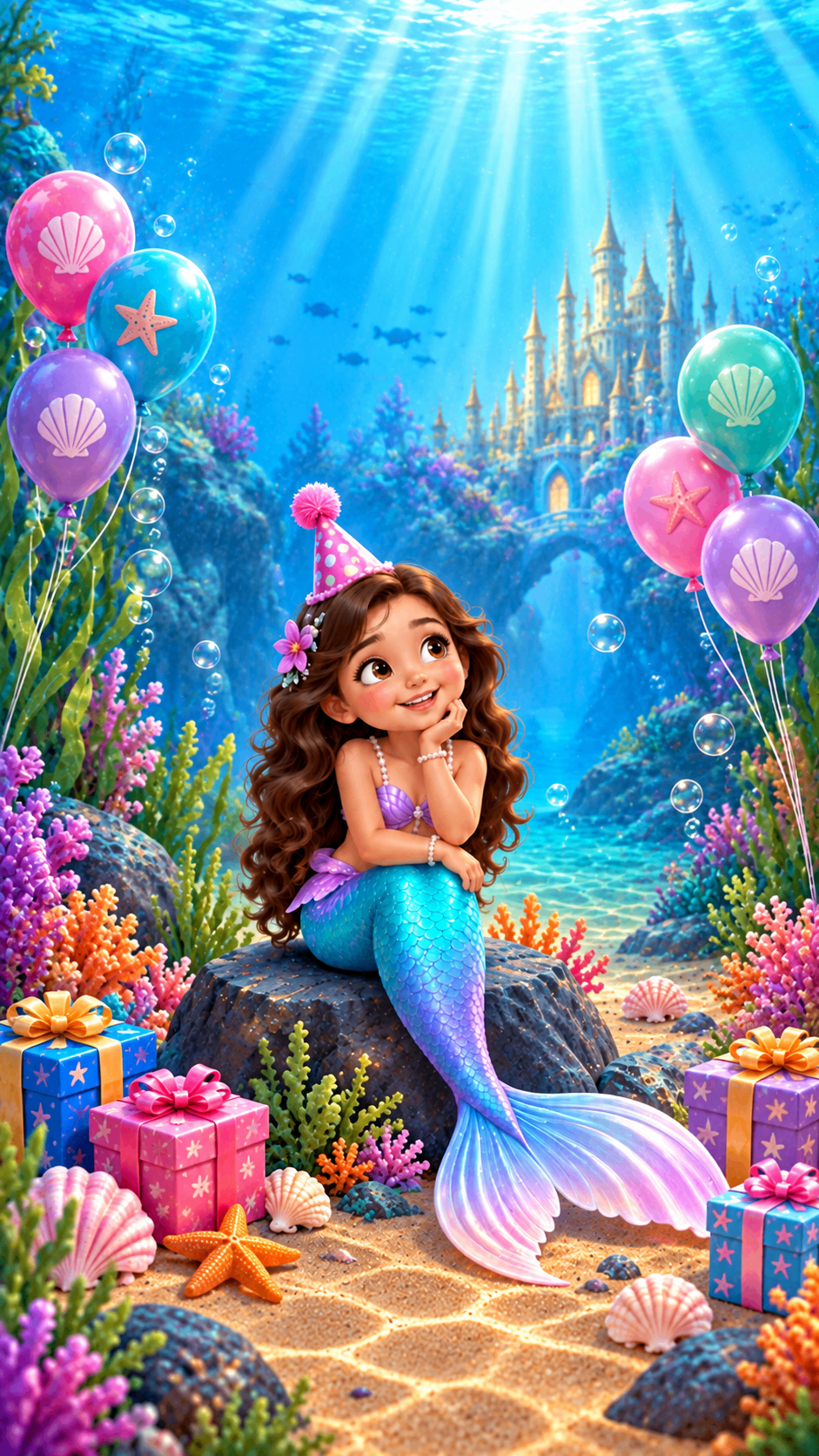 Girl as a mermaid sitting on a rock underwater – mermaid birthday invite