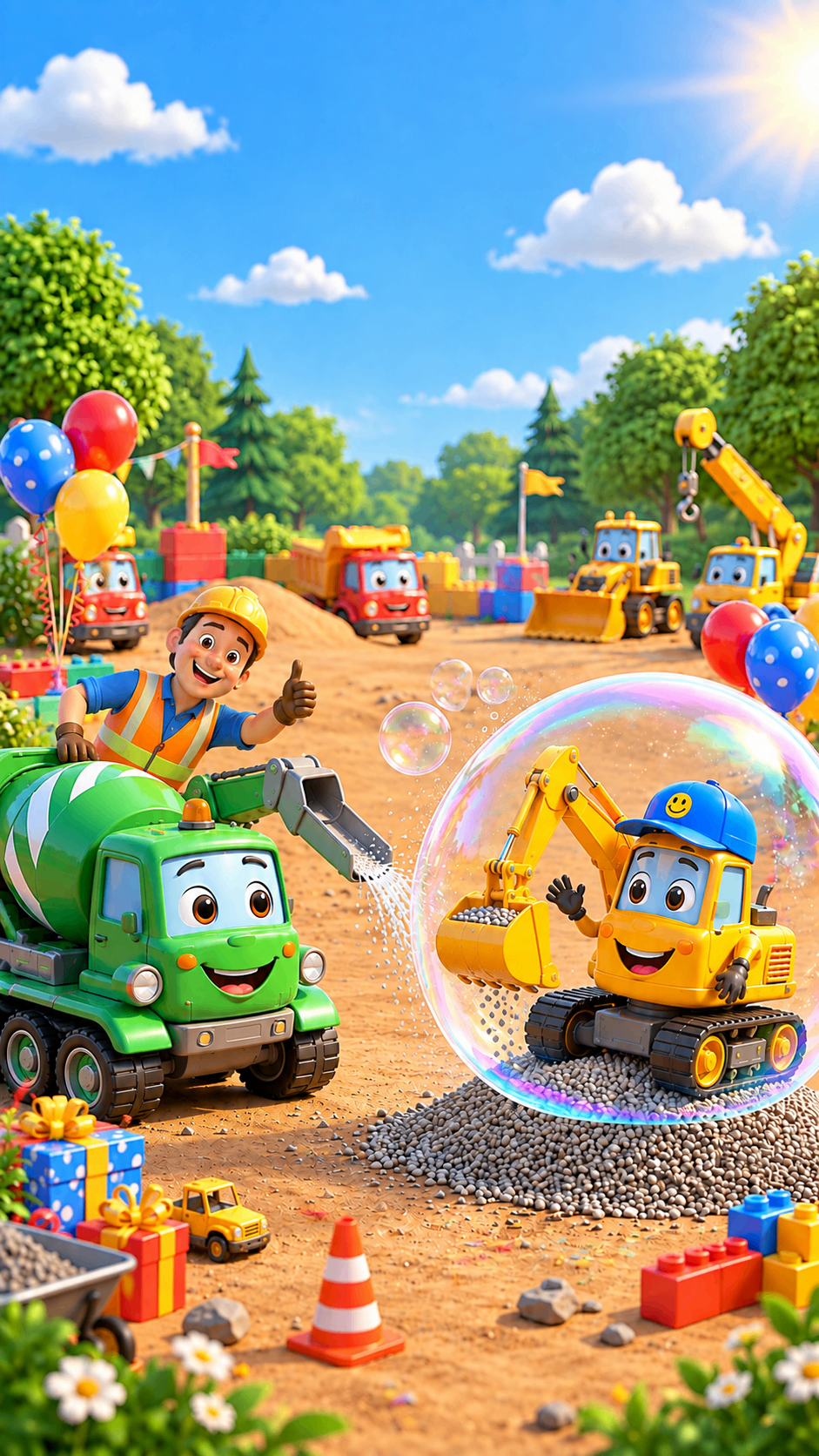 Construction site with friendly cartoon trucks – kids' birthday invitation