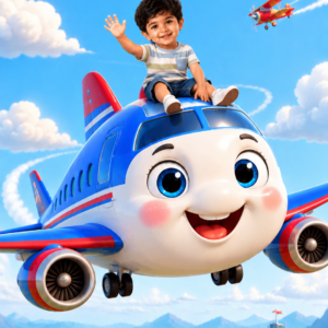 Boy riding a smiling cartoon aeroplane over the countryside – aeroplane theme birthday invitation video
