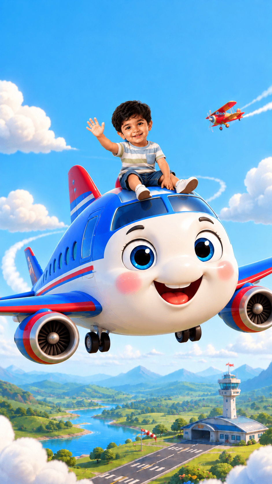 Boy riding a smiling cartoon aeroplane over the countryside – aeroplane theme birthday invitation video