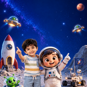Boy and an astronaut friend on the moon with a rocket and alien – space theme birthday invitation video