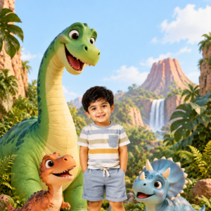 Boy with a friendly long-neck dinosaur and baby dinosaurs, volcano behind – dinosaur theme birthday invitation video