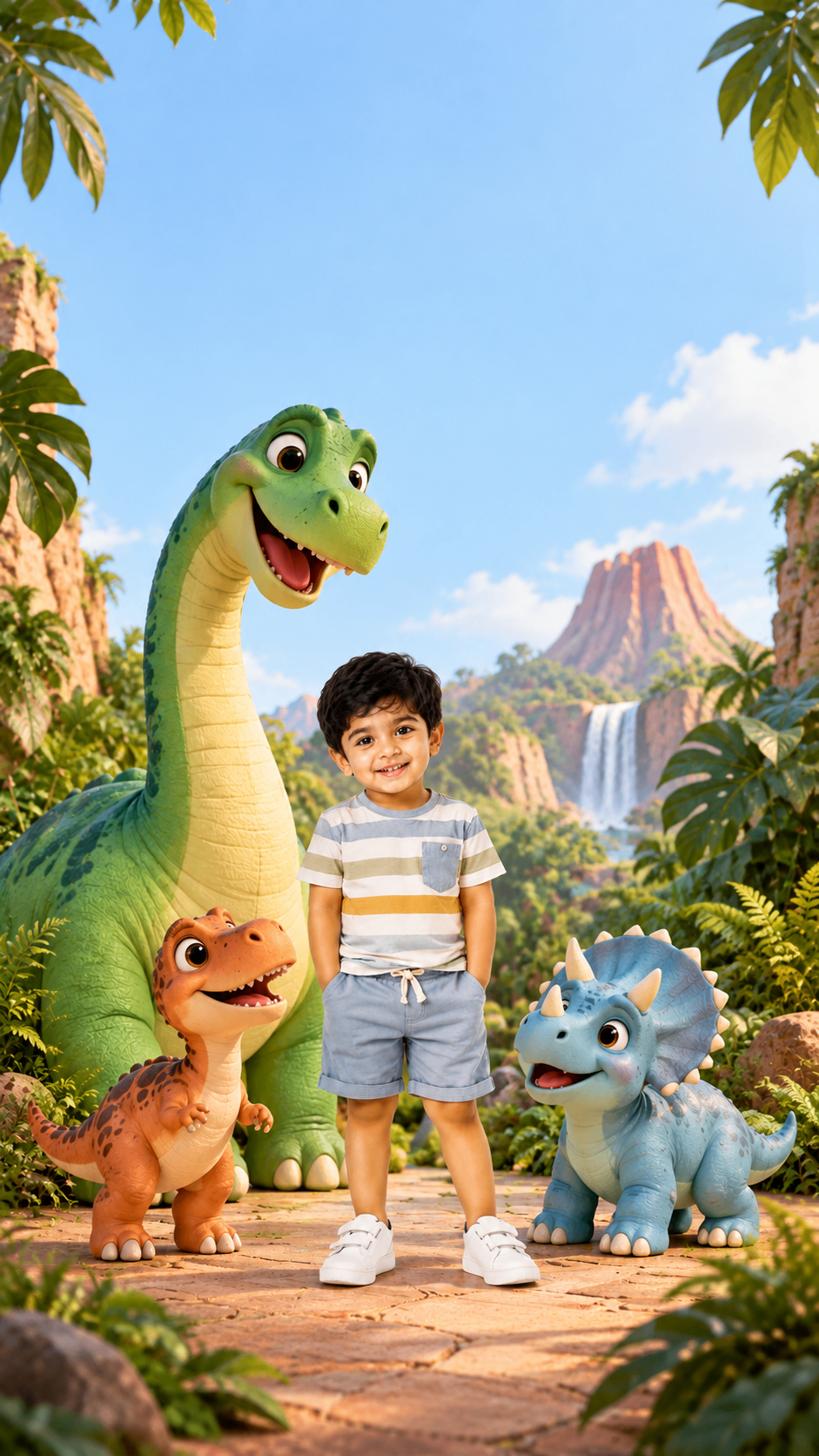 Boy with a friendly long-neck dinosaur and baby dinosaurs, volcano behind – dinosaur theme birthday invitation video