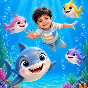 Child swimming with a cartoon shark family over a coral reef – shark family birthday invitation video