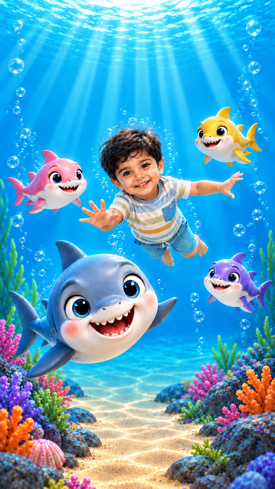 Child swimming with a cartoon shark family over a coral reef – shark family birthday invitation video
