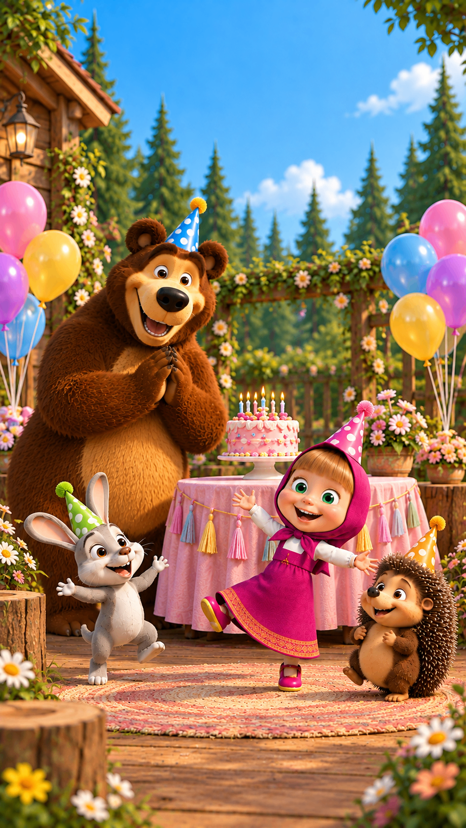 Brown bear, little girl and forest friends at a birthday cake table – woodland party invitation