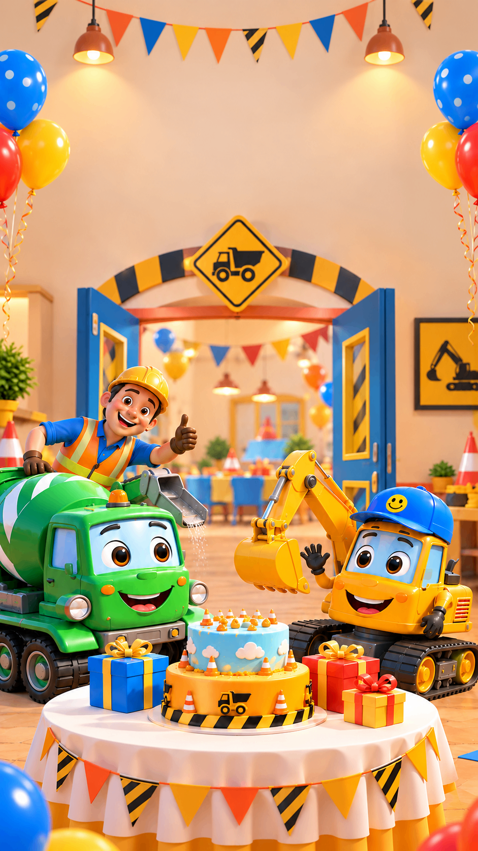 Construction truck party table indoors – construction theme birthday party