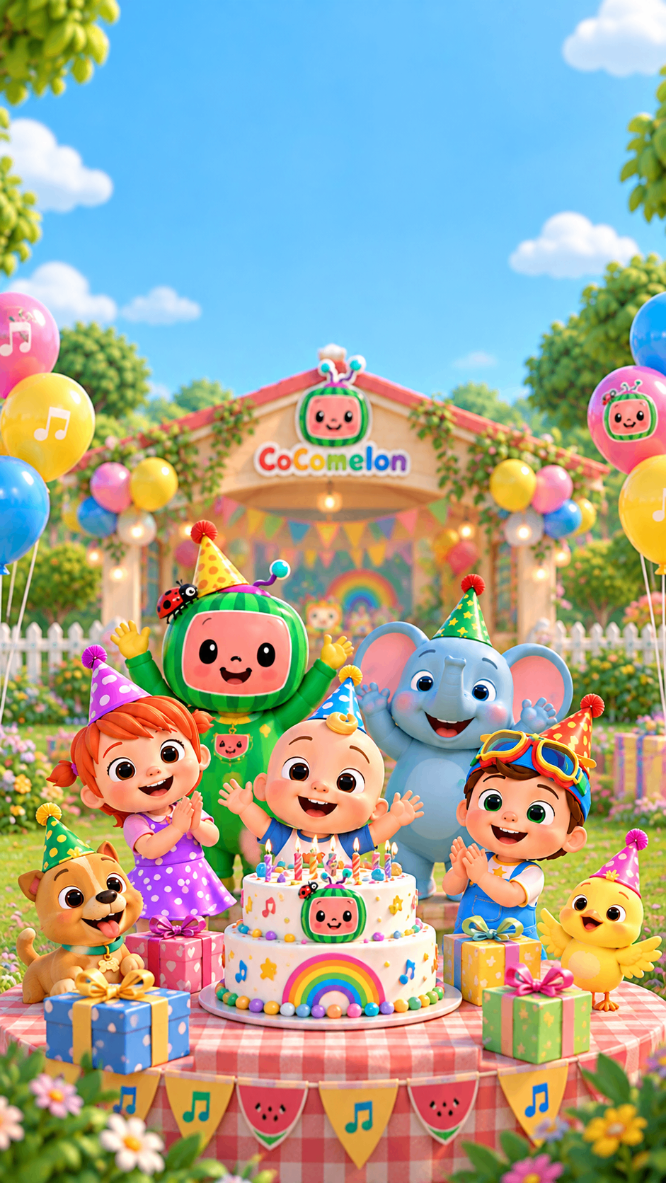 Rainbow birthday cake table with cartoon friends by a house – nursery rhyme theme party