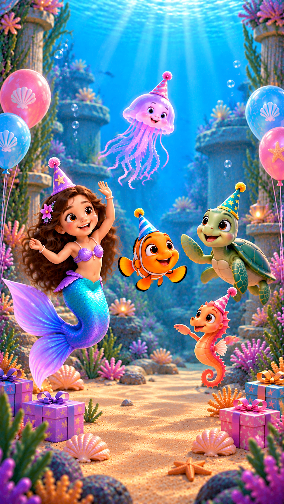 Mermaid with sea creatures and balloons – under the sea birthday invitation