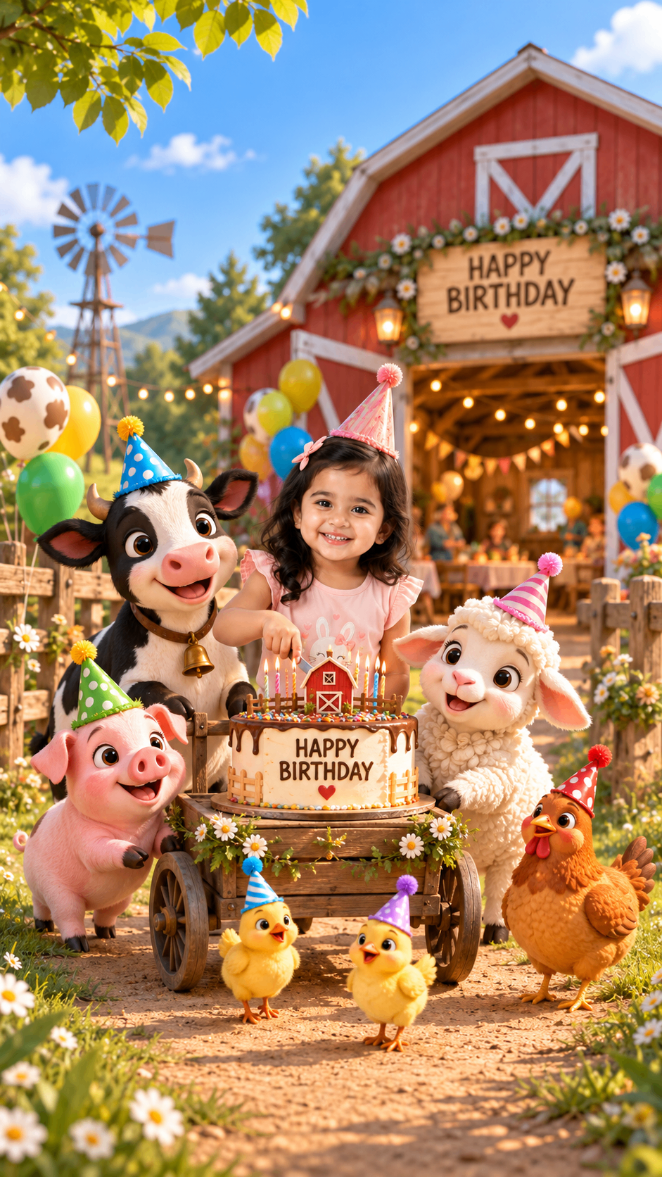 Girl with farm animals beside a Happy Birthday cart at a red barn – farm theme birthday invitation