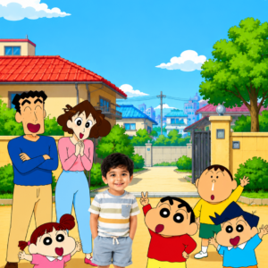 Child with a cartoon family in front of their house – cheeky cartoon boy theme birthday invitation video