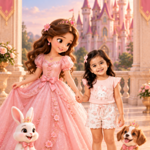 Princess in a pink gown with a little girl, bunnies and a puppy by a pink castle – princess theme birthday invitation video