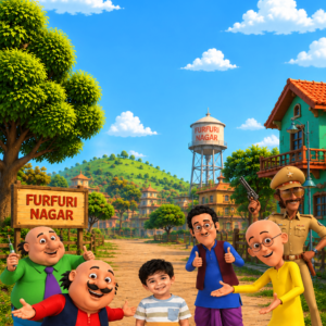 Boy with a funny cartoon duo on a village street – cartoon buddies theme birthday invitation video