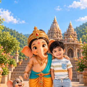 Little Ganesha in an orange dhoti with a boy and a mouse in a temple courtyard – Ganesha theme birthday invitation video