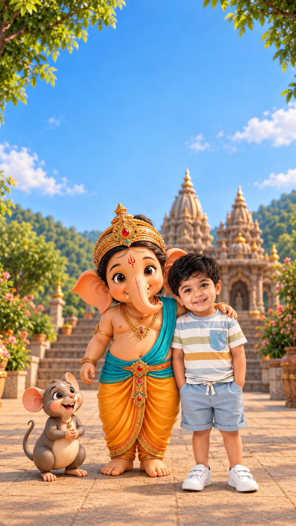 Little Ganesha in an orange dhoti with a boy and a mouse in a temple courtyard – Ganesha theme birthday invitation video