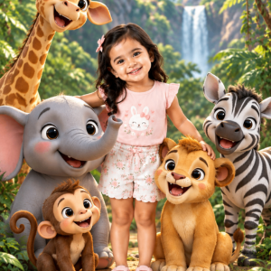 Girl with an elephant, giraffe, lion, monkey and zebra by a jungle waterfall – jungle theme birthday invitation video