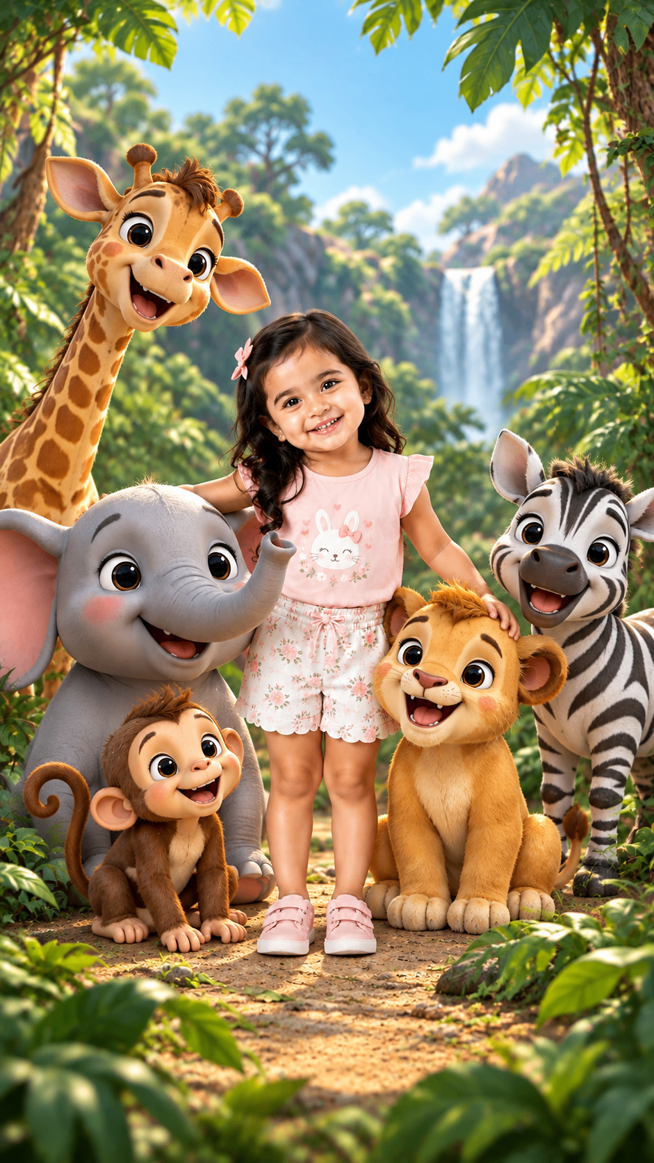 Girl with an elephant, giraffe, lion, monkey and zebra by a jungle waterfall – jungle theme birthday invitation video