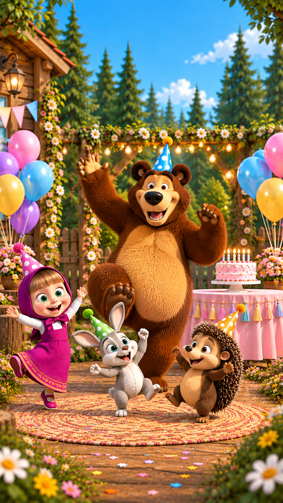Brown bear waving with a little girl, a bunny and a hedgehog at a forest party