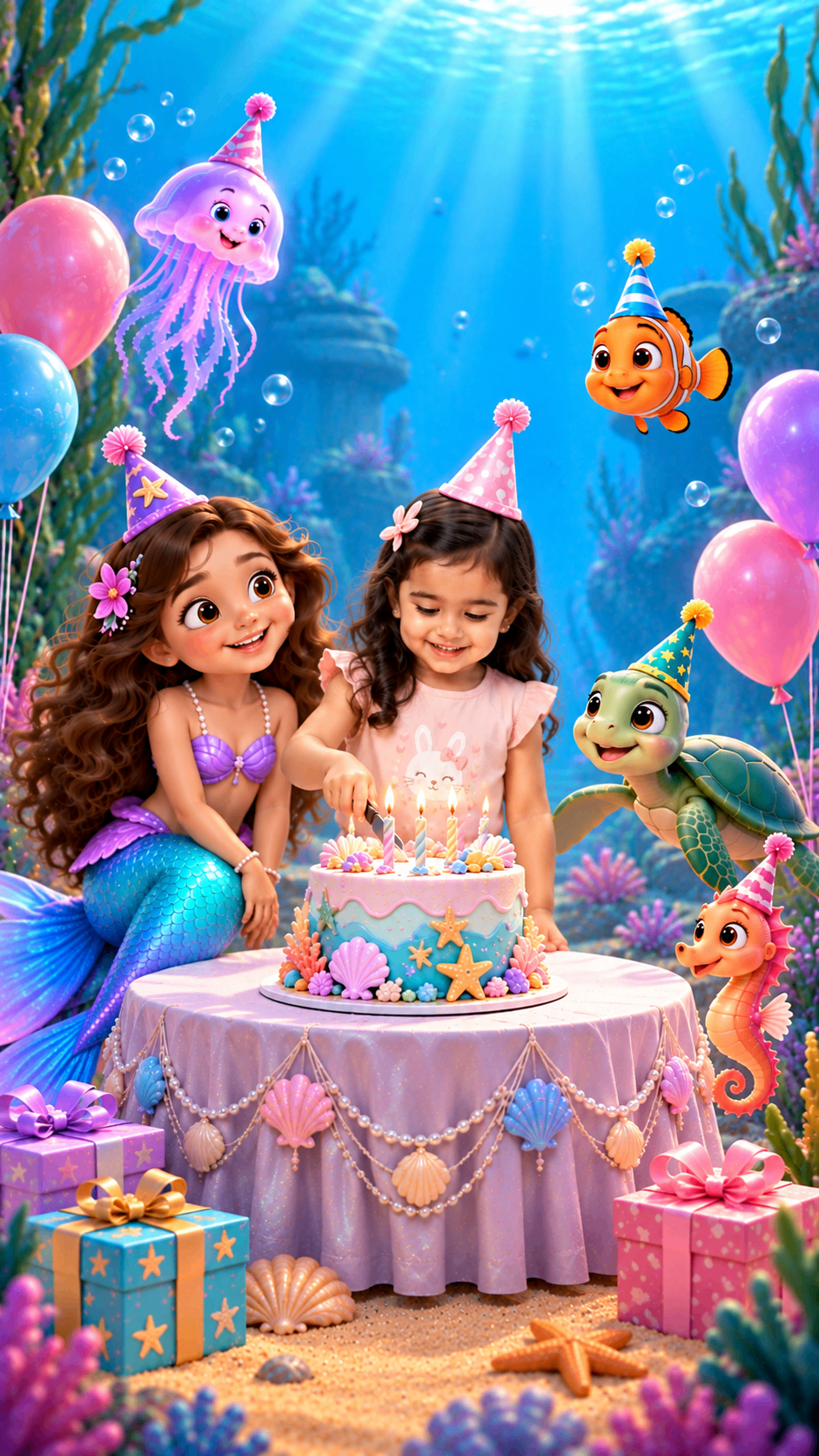 Two mermaid girls at a birthday cake table underwater – mermaid birthday party