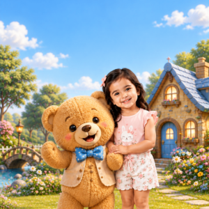 Girl standing with a teddy bear in a bow tie in a cottage garden – teddy bear theme birthday invitation video