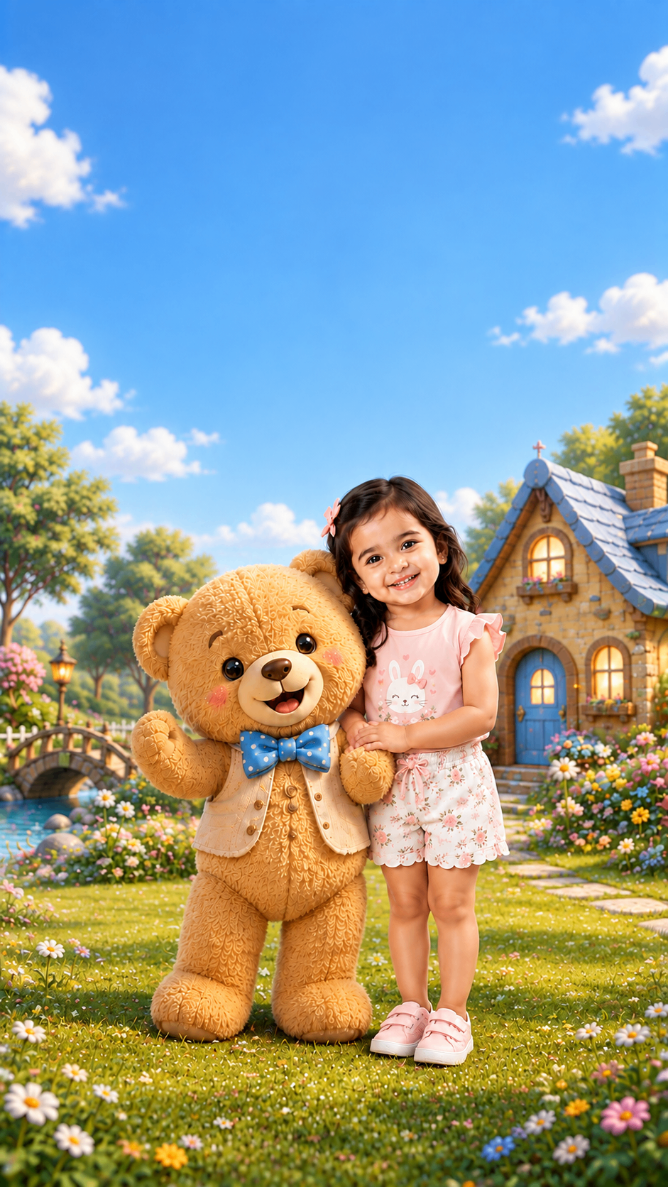 Girl standing with a teddy bear in a bow tie in a cottage garden – teddy bear theme birthday invitation video
