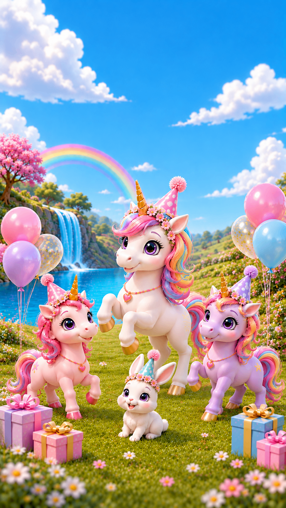 Baby unicorns with balloons and gifts under a rainbow – unicorn birthday invite