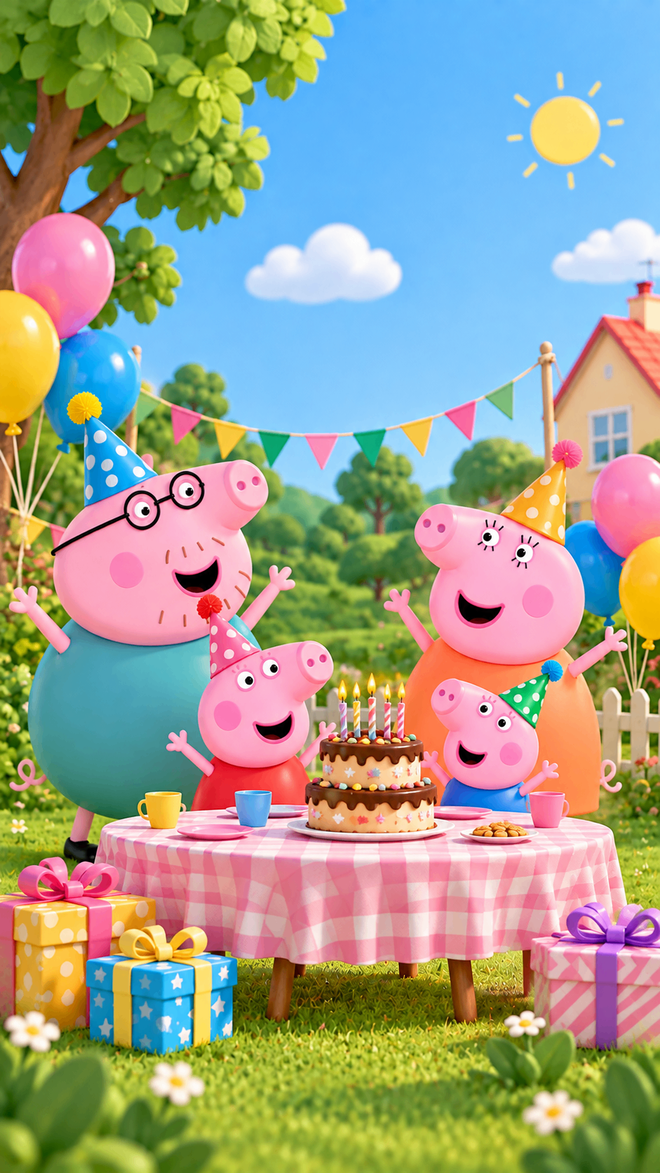 Cartoon pig family behind a birthday cake with gifts – piggy party invitation