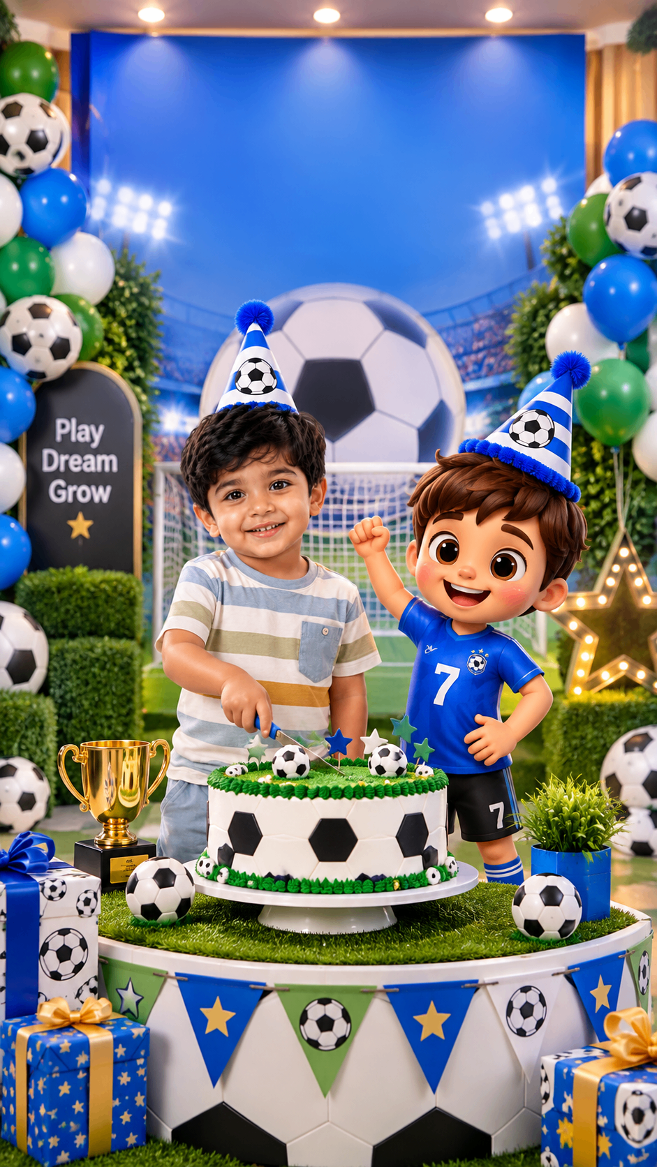 Football cake table with bunting in front of the pitch – football birthday invitation