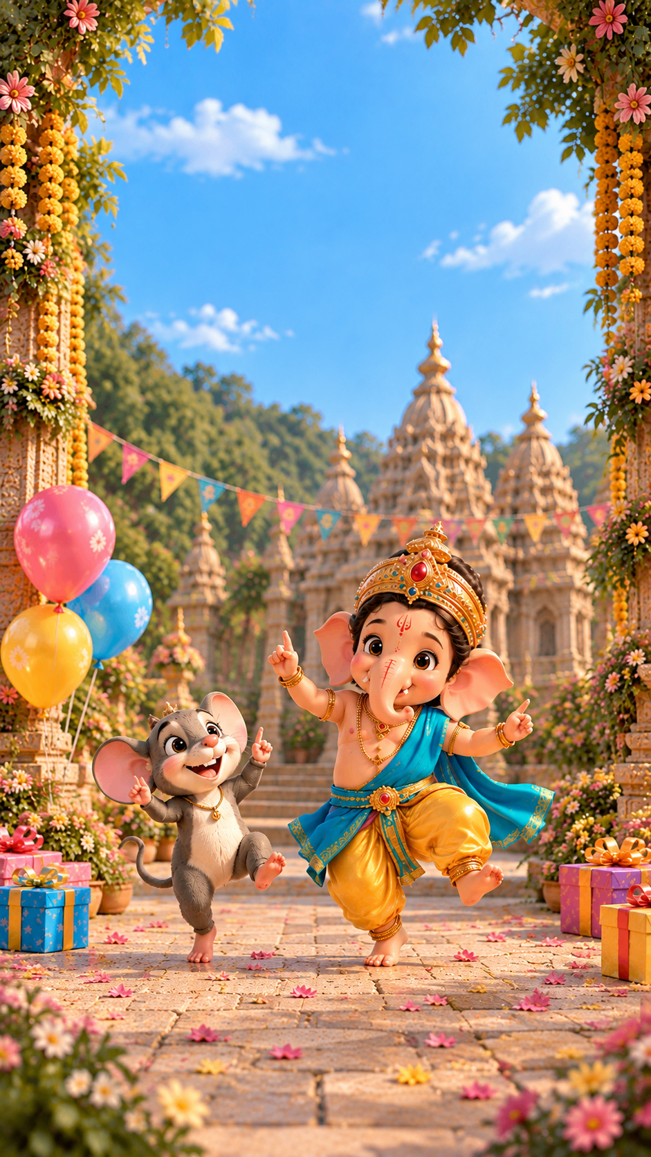 Little Ganesha dancing with his mouse in a temple courtyard – Ganesha theme birthday party