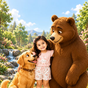 Girl hugging a golden puppy beside a big brown bear in a meadow – dog and bear theme birthday invitation video