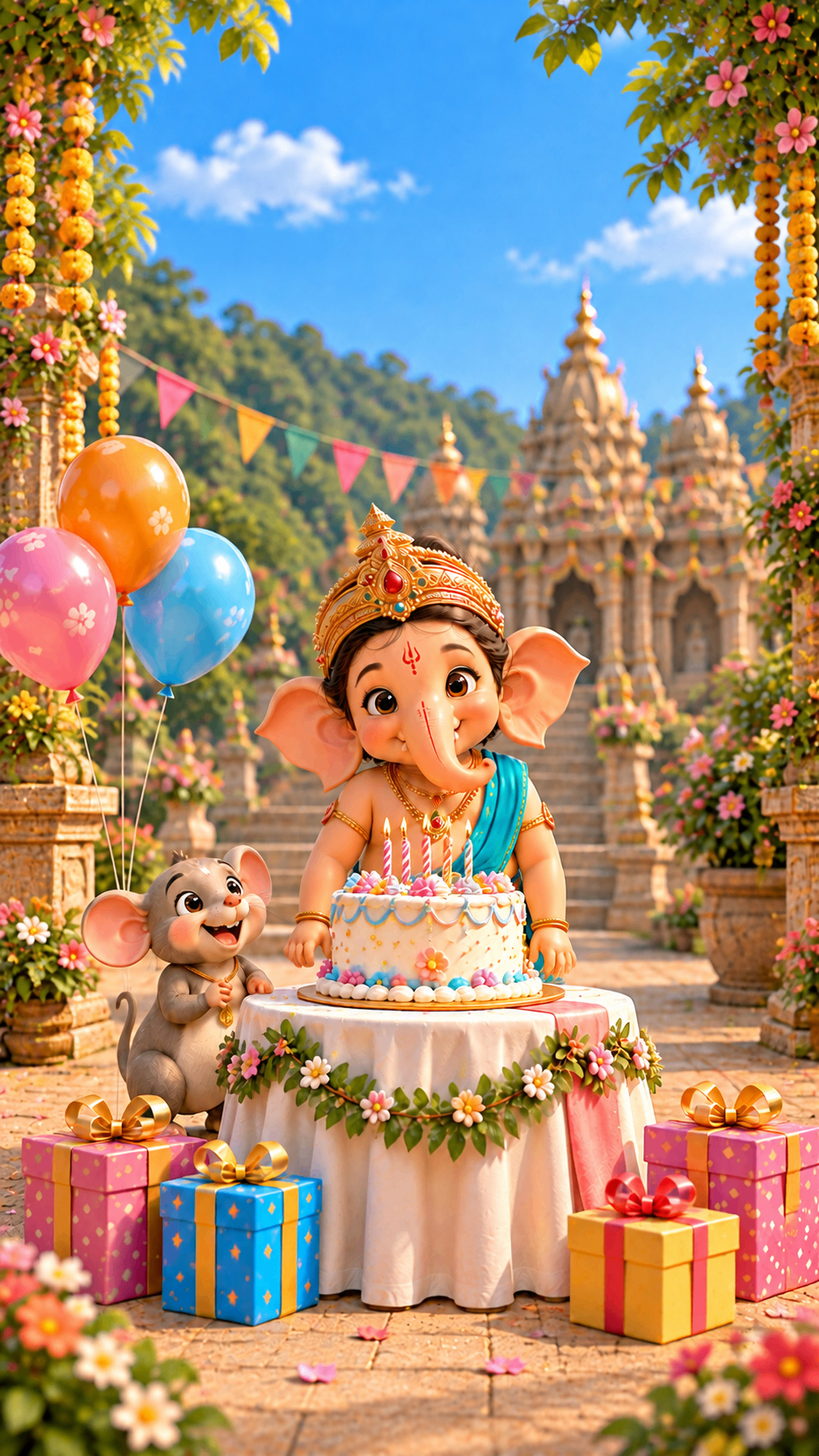 Little Ganesha with a birthday cake, balloons and gifts in a temple courtyard – Ganesha birthday invite