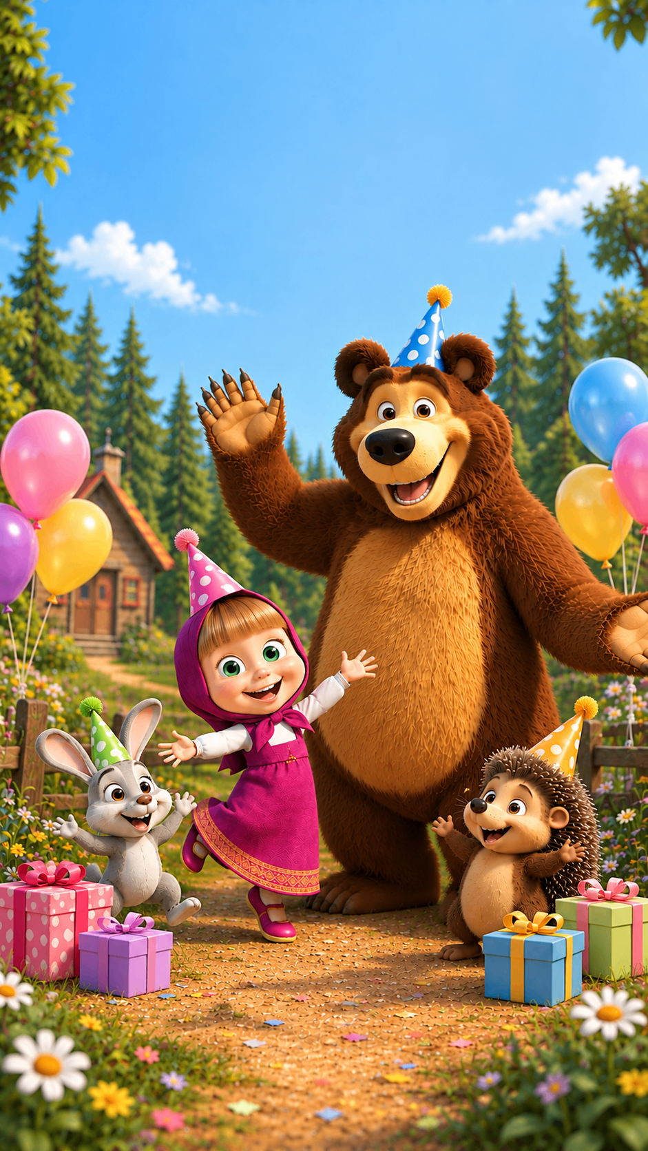 Brown bear dancing with forest friends beside a cake table and balloons – bear theme birthday invite