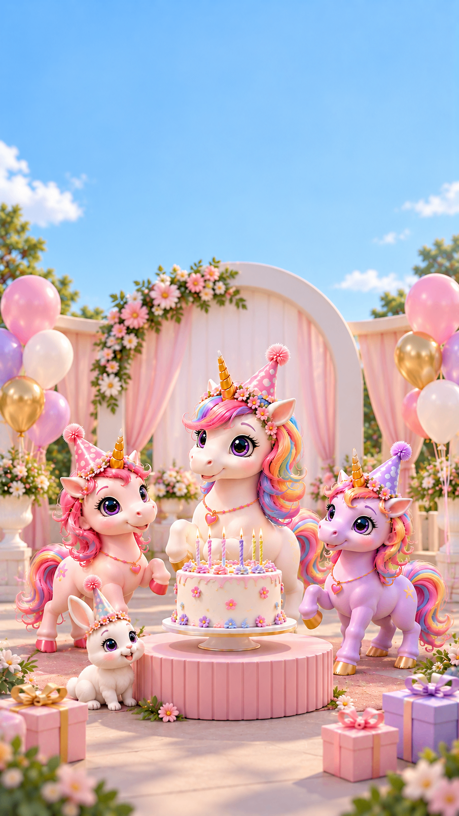 Baby unicorns around a unicorn birthday cake under a pastel arch – unicorn theme birthday party
