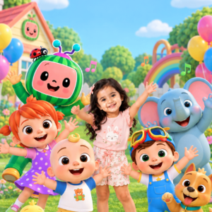 Girl with cheerful nursery rhyme characters at a sunny garden party – nursery rhyme theme birthday invitation video
