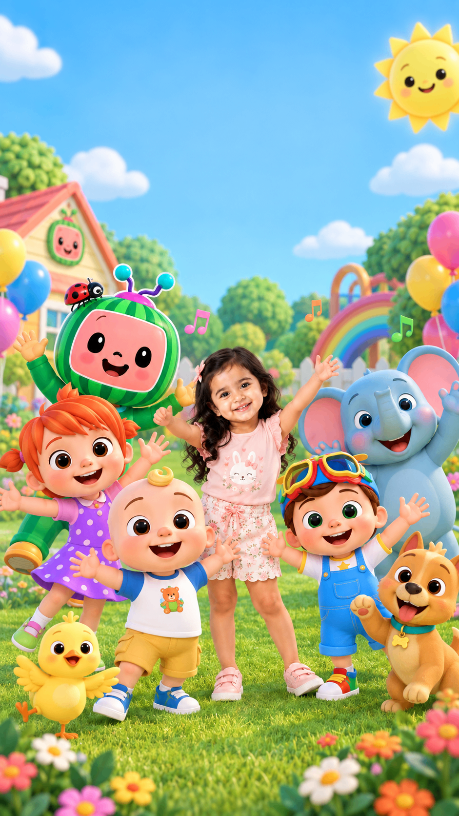 Girl with cheerful nursery rhyme characters at a sunny garden party – nursery rhyme theme birthday invitation video