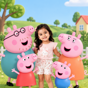 Girl with a cartoon pig family on a sunny green hill – little piggy theme birthday invitation video