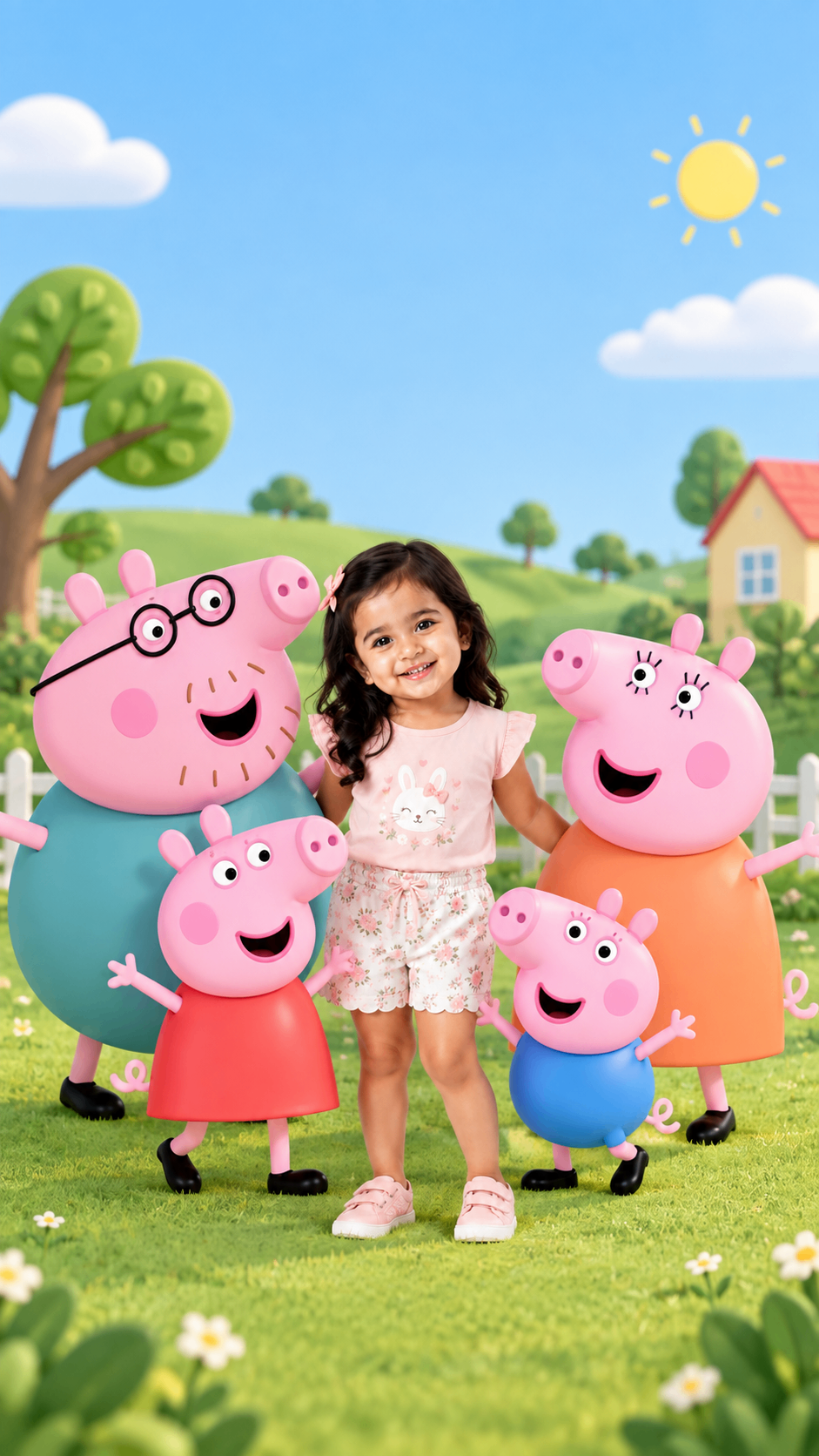 Girl with a cartoon pig family on a sunny green hill – little piggy theme birthday invitation video