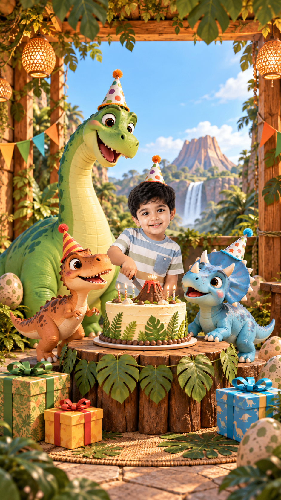 Boy behind a birthday cake with friendly dinosaurs in a jungle – dinosaur birthday invitation