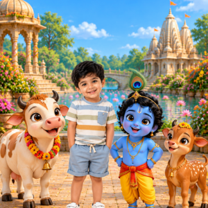 Boy with little Krishna, a calf and a cow in a temple garden – Krishna theme birthday invitation video